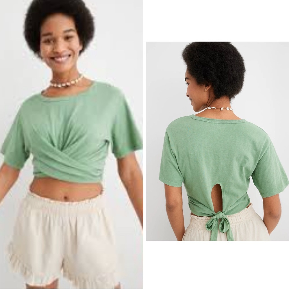 AERIE Cropped Wrap Back T-Shirt in Green size Small